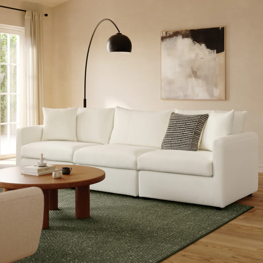Ghế sofa mô-đun Lenae màu xanh cây thông trong phòng khách hiện đại, phong cách Mid-Century