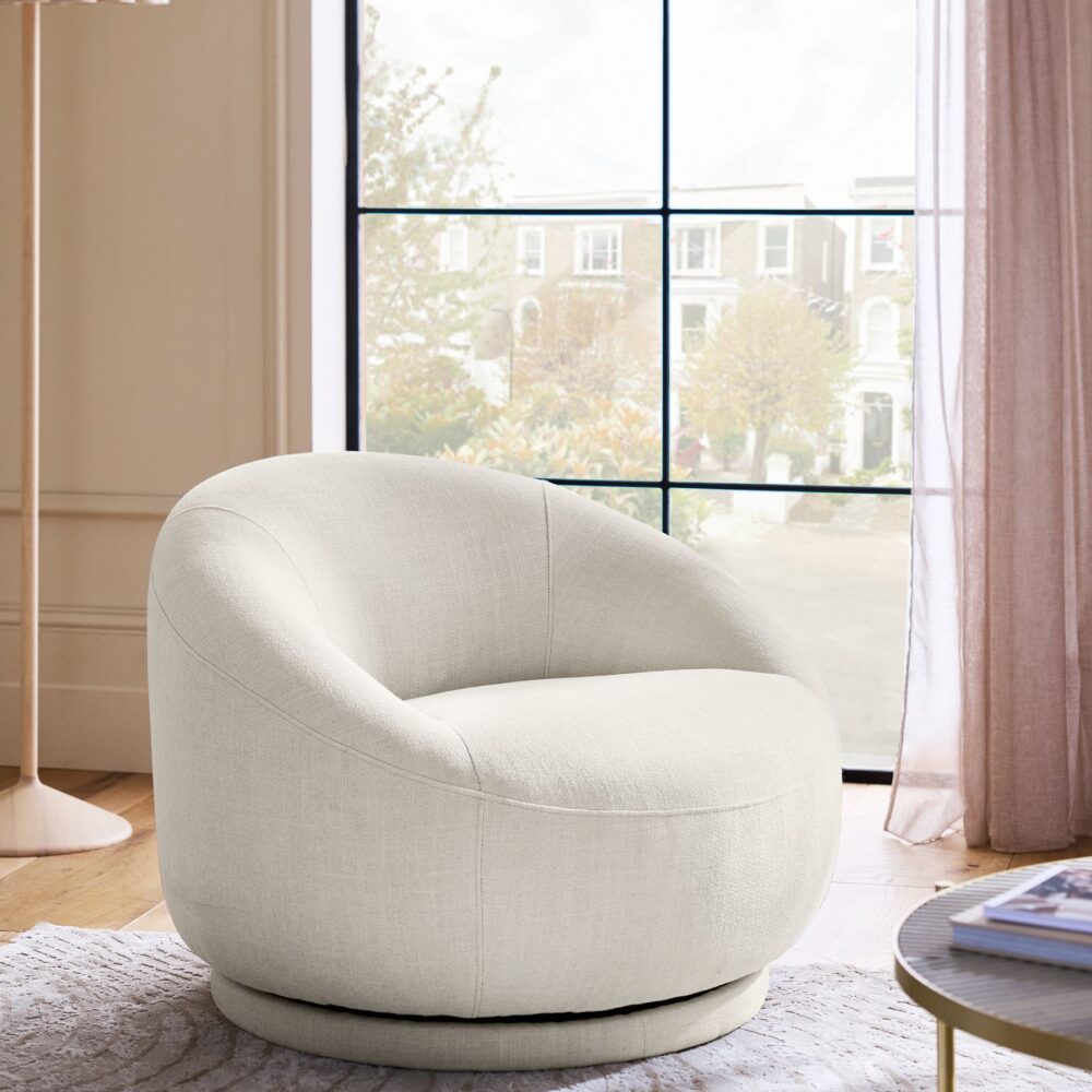 Ghế xoay Hague Brushed Weave Oyster Swivel Accent Chair, thiết kế tròn hiện đại, vải bền đẹp, phù hợp phòng khách và phòng ngủ.